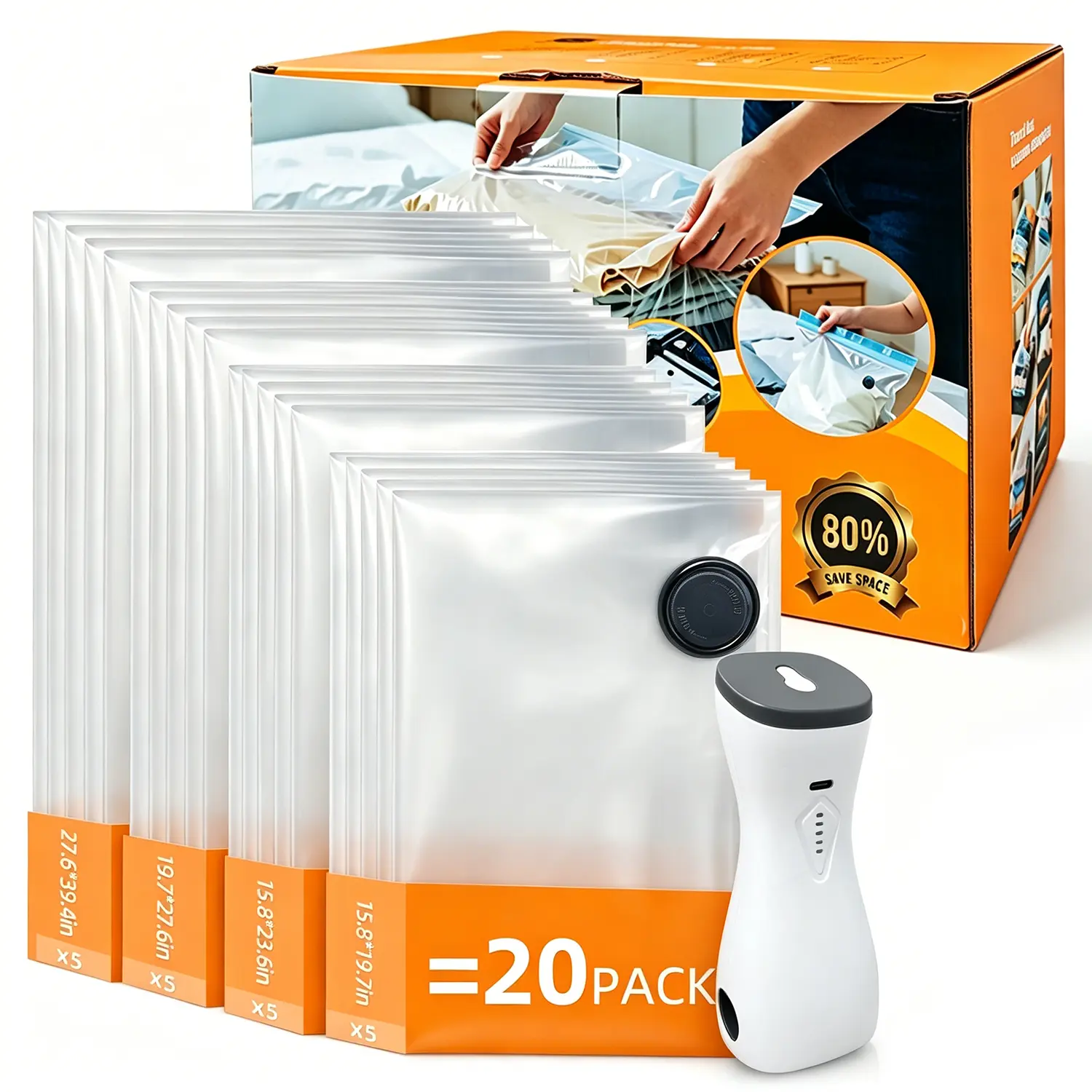 Vacuum Storage Bags with 2-in-1 Wireless Rechargeable Air Pump, Inflate & Deflate Dual Use Space Saver Compression Bags for Travel Luggage, Clothes & Closet Storage, Vacuum Sealer Bags, 15.8*19.7In