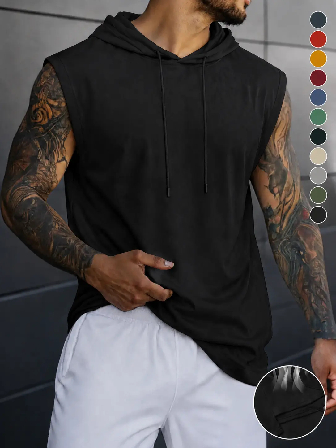 Men’s casual hooded tank top with adjustable drawstring design; comfortable, breathable, and durable fabric. Suitable for sports, fitness, boxing, and everyday casual wear—ideal for summer.