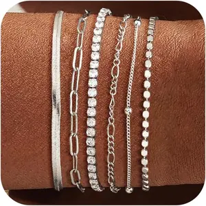 FREEKISS Bracelets Set For Women Trendy Dainty Jewelry Fashion Stackable Tennis Beaded Figaro Herringbone Paperclip Link Bracelet Pack Stack Gifts For Women For Christmas Charms