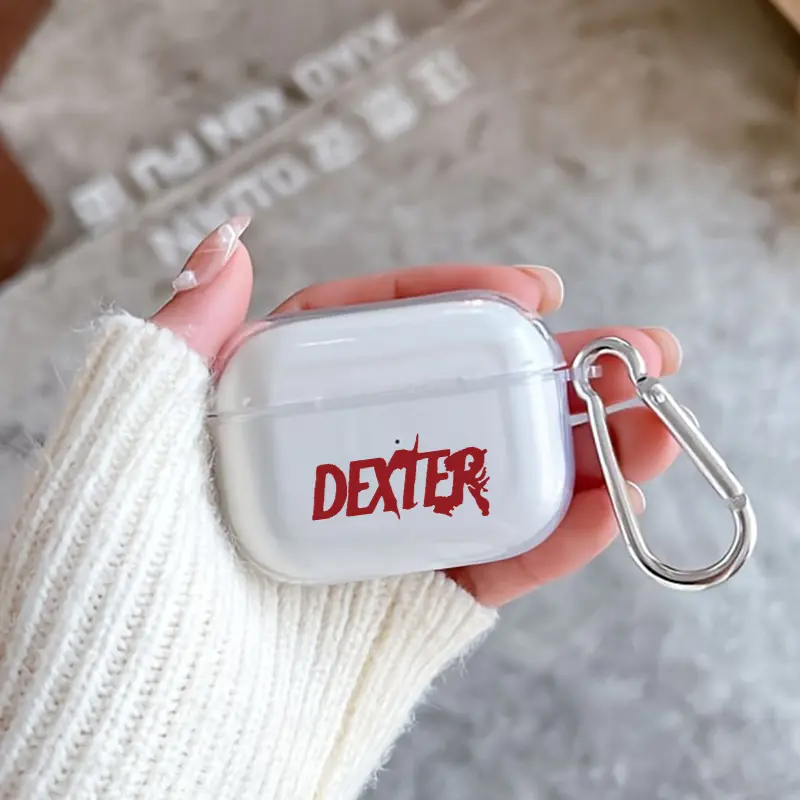 Dexter's Crimson Mark Pattern Protective Case for AirPods 4/3/2/1/Pro/Pro2 Soft TPU Earphone Cover, Transparent with Keychain
