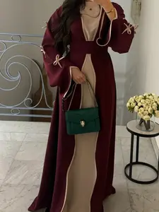 Women's Contrast Binding Bow Decor Belted Abaya, Modest Casual Long Sleeve Open Front Abaya for Daily Wear, Ladies Islamic Clothing for All Seasons, Abayas For Eid