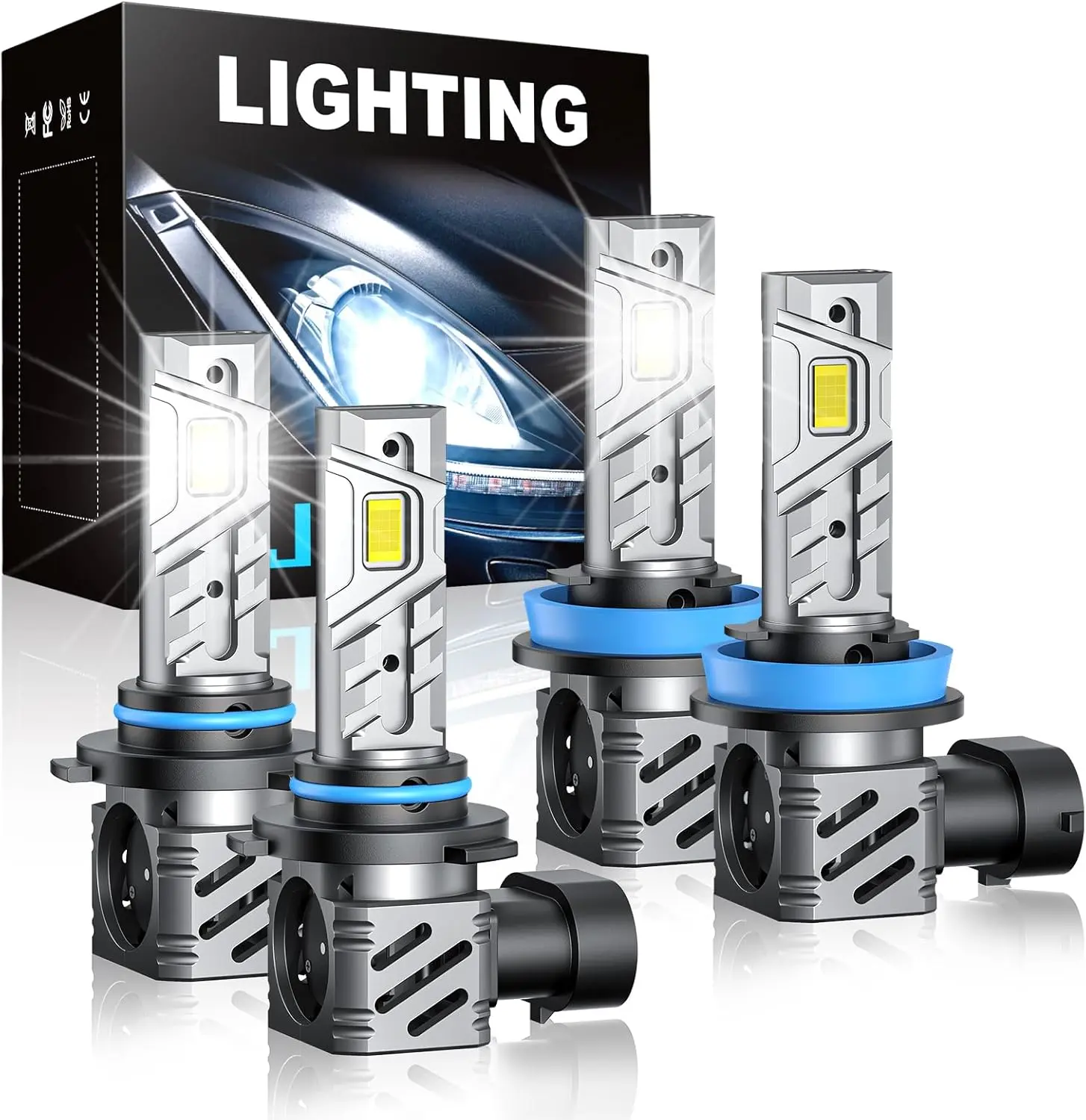 RCJ 9005/HB3 H11/H8/H9 Fog Light Bulb Combo, 2025 Upgraded Version 35000LM 6000K Cool White with Fan, Plug-and-Play, 4-Pack