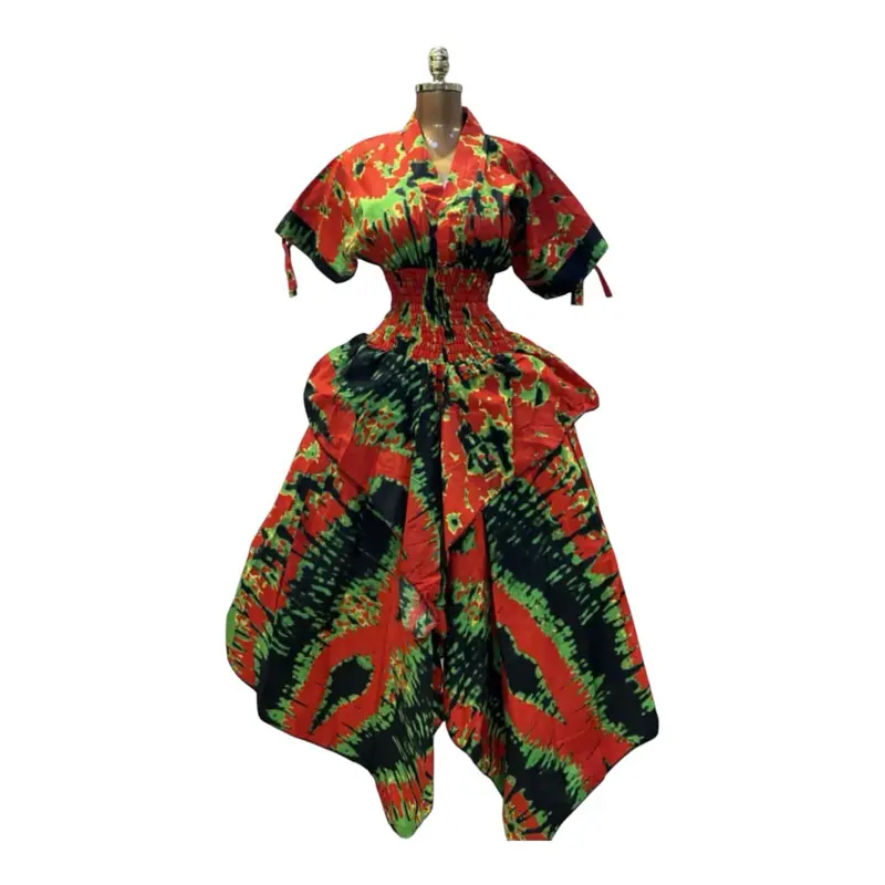 Dana Ankara Dress with Drawstrings Sleeves and smoked waist One Size Fits size 8 Up to 18 Vibrant Blue and Gold Pattern
