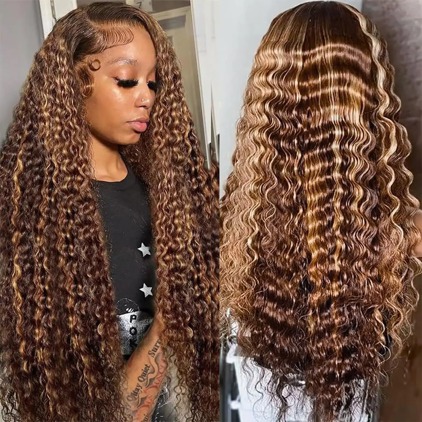28 inch Highlight 4/27 Deep Wave Lace Front Wigs Human Hair 13X6 Ombre 180% Density Body Wave Lace Front Wigs Straight Lace Front Wigs