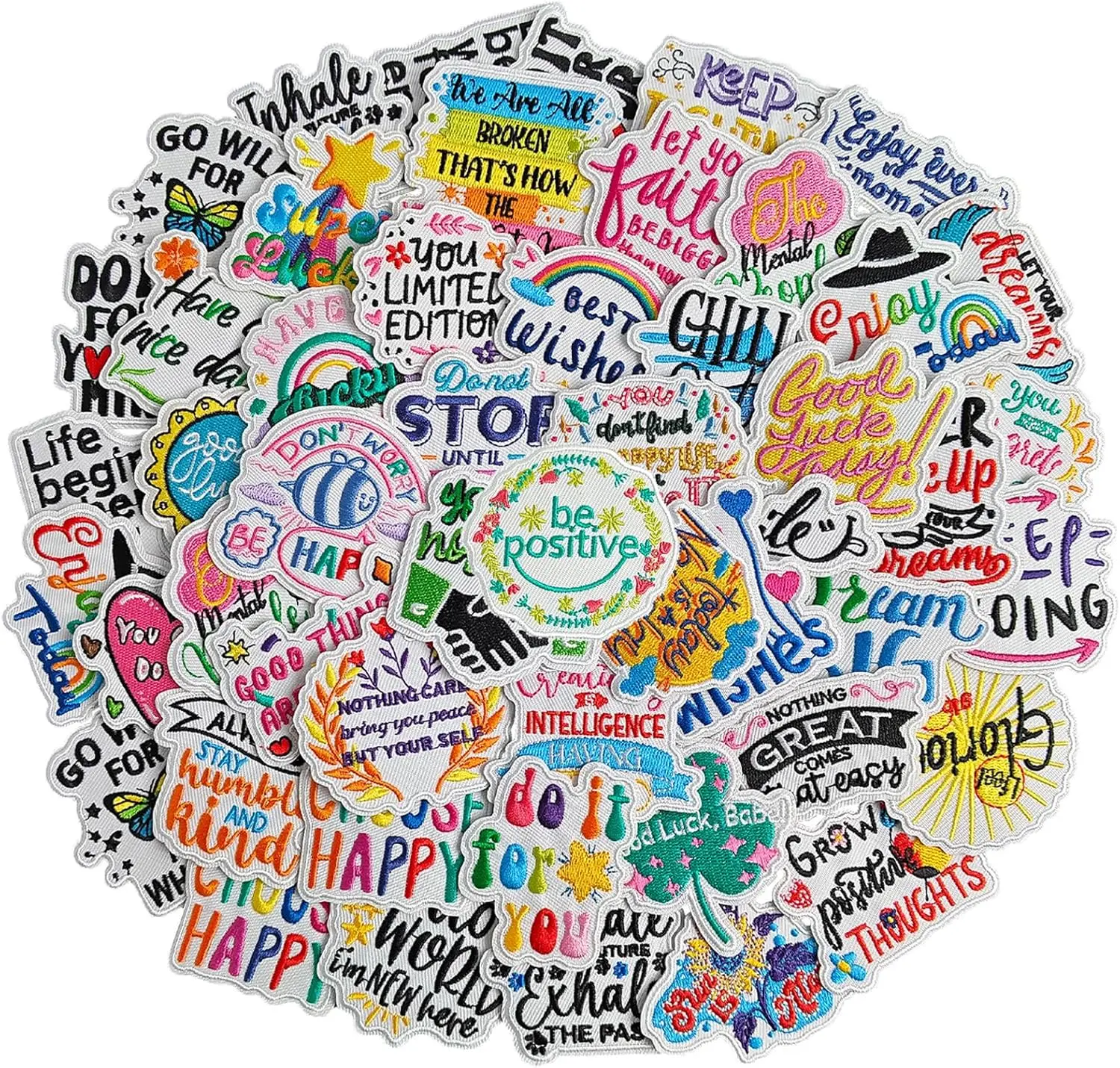 Iron-On Polyester Patches Set with Hot Melt Adhesive - 40 Pcs Random Positive Phrases, Ideal for Friends, Family, Teachers, DIY Sewing Projects Ideas on Clothing, Hats, Backpack Accessories