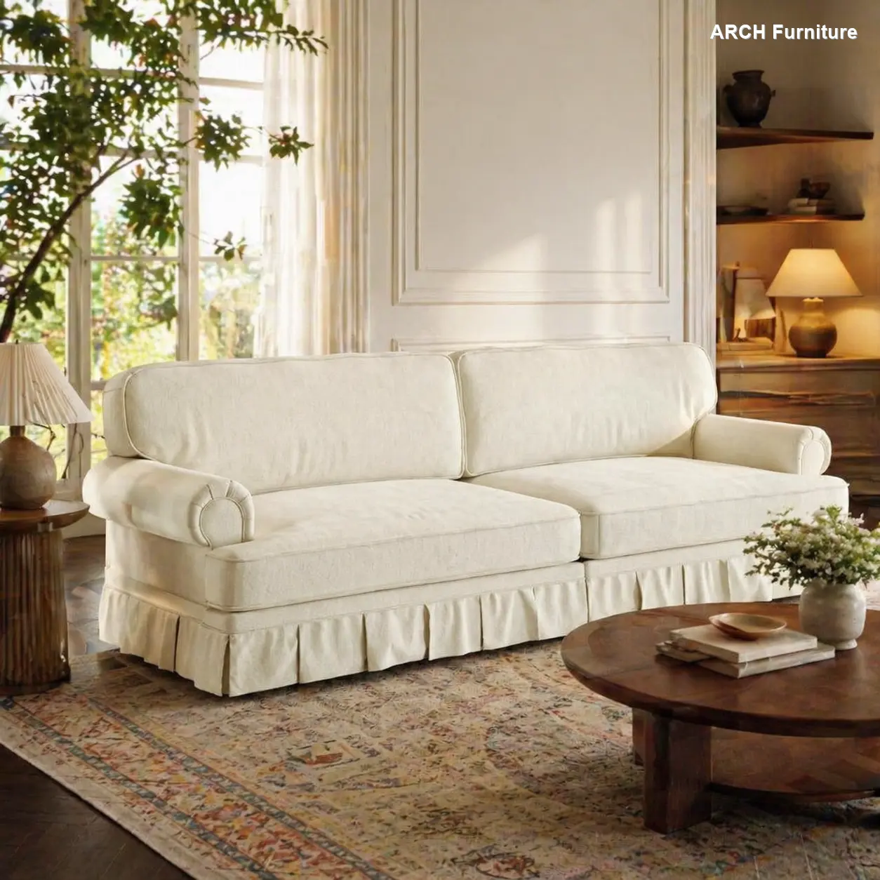 ARCH 4-Seater Chenille & Cotton Sturdy Iron Sofa Sectional Couch - Midcentury Modern U Shaped Sofas, Indoor Living Room Upholstered Sofa Couch with Deep Seating, Rolled Arms, Pleated Skirt, Beige & White, Sectional Sofa