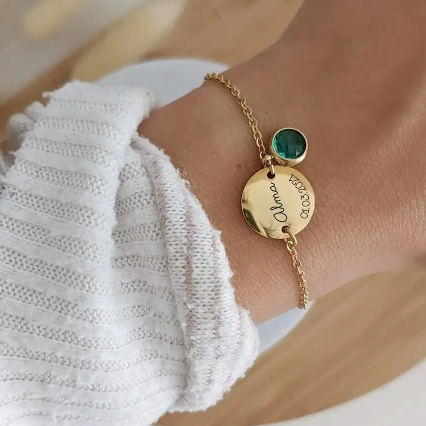 Gold or Silver Engraved Custom Bracelet with Birthmonth Stone Choose Your Font Handwriting or Logo Personalized Jewelry Gift