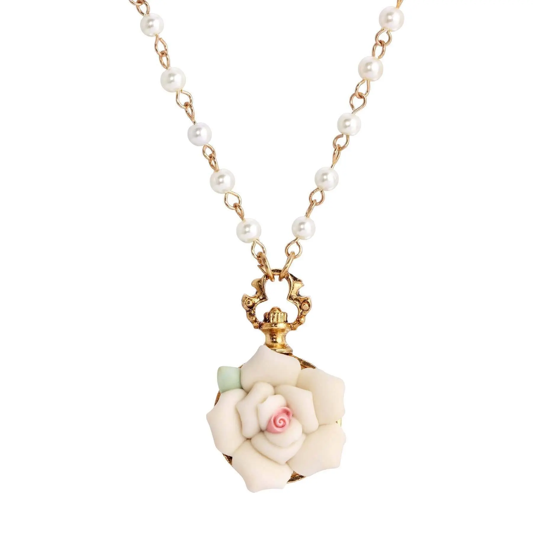 1928 Jewelry White Garden Porcelain Rose Faux Pearl Necklace 16" + 3" Extender
