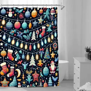 Christmas Themed Shower Curtain, 1 Count Light String Design Waterproof Bathroom Curtain with Hooks, Home Decor Supplies for Bathroom