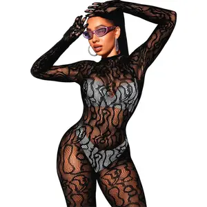 Women Sexy Fishnet Full Bodysuit, Mesh Lace Poster Jumpsuit Glow Party Rave Outfits, Body Stockings Halloween Costume
