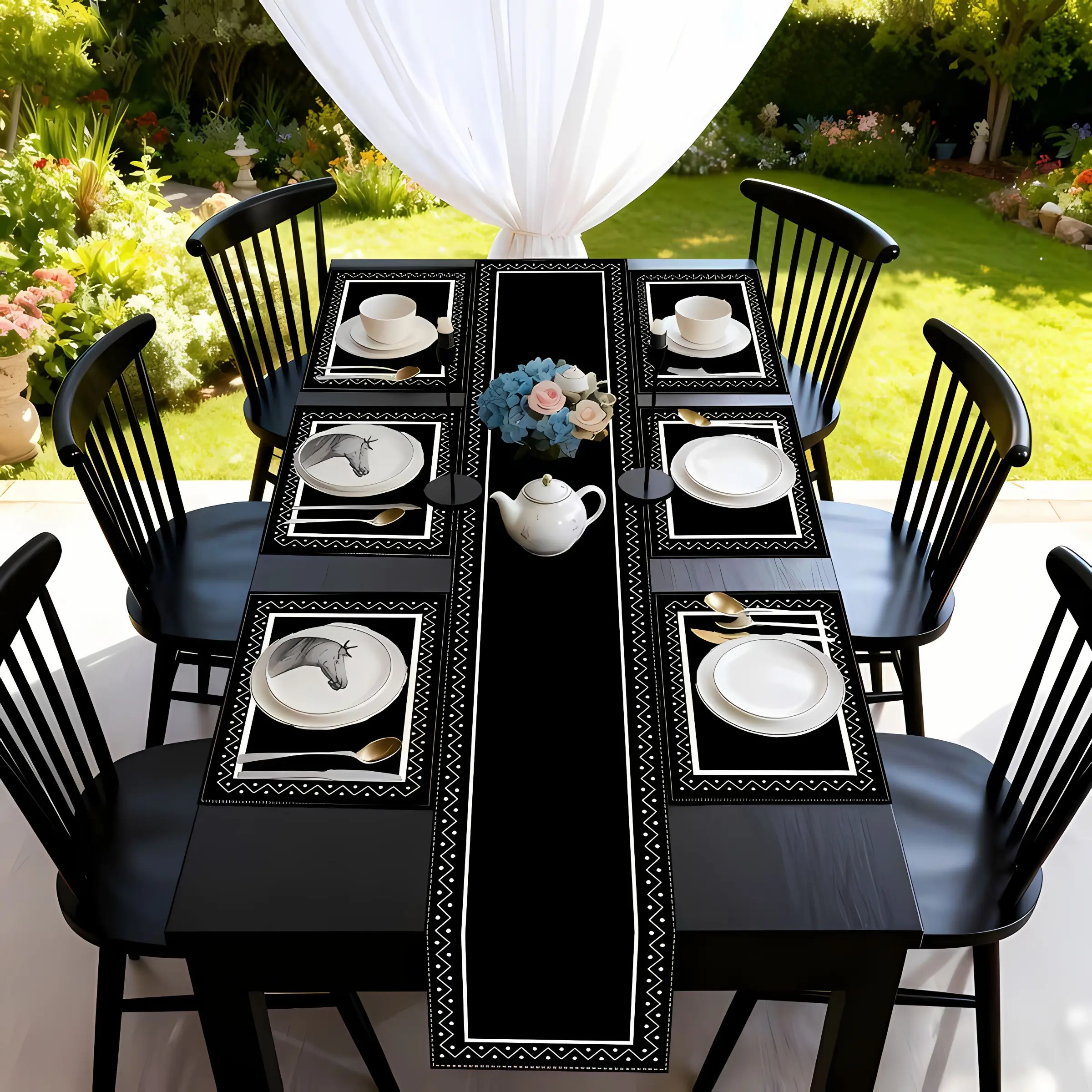 2D flat printing, 1 piece/4 pieces set of table flags, placemats, Household placemat, Kitchen decorative placemat, Greek key pattern, black and white line design, suitable for kitchen, dining room, table decoration, party decoration
