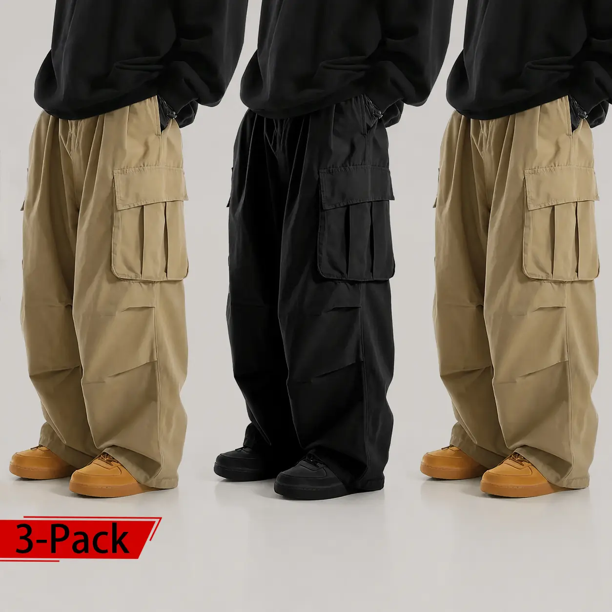 3-pack men’s floor-length casual pants: loose straight wide-leg cargo pants; everyday loose, comfortable functional pants featuring large pockets; outdoor trendy high-street fashion men’s long pants suitable for all seasons.