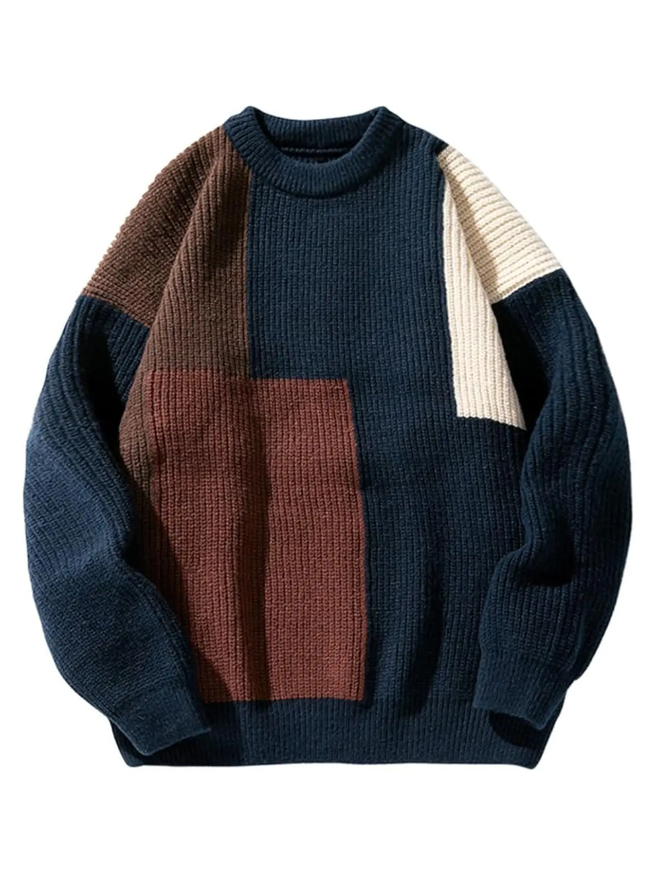 Laixton Color Block Loose Oversized Knit Sweater, Unisex Round Neck Pullover, Fashion Street Style Casual Sweater, Long Sleeve Fall & Winter