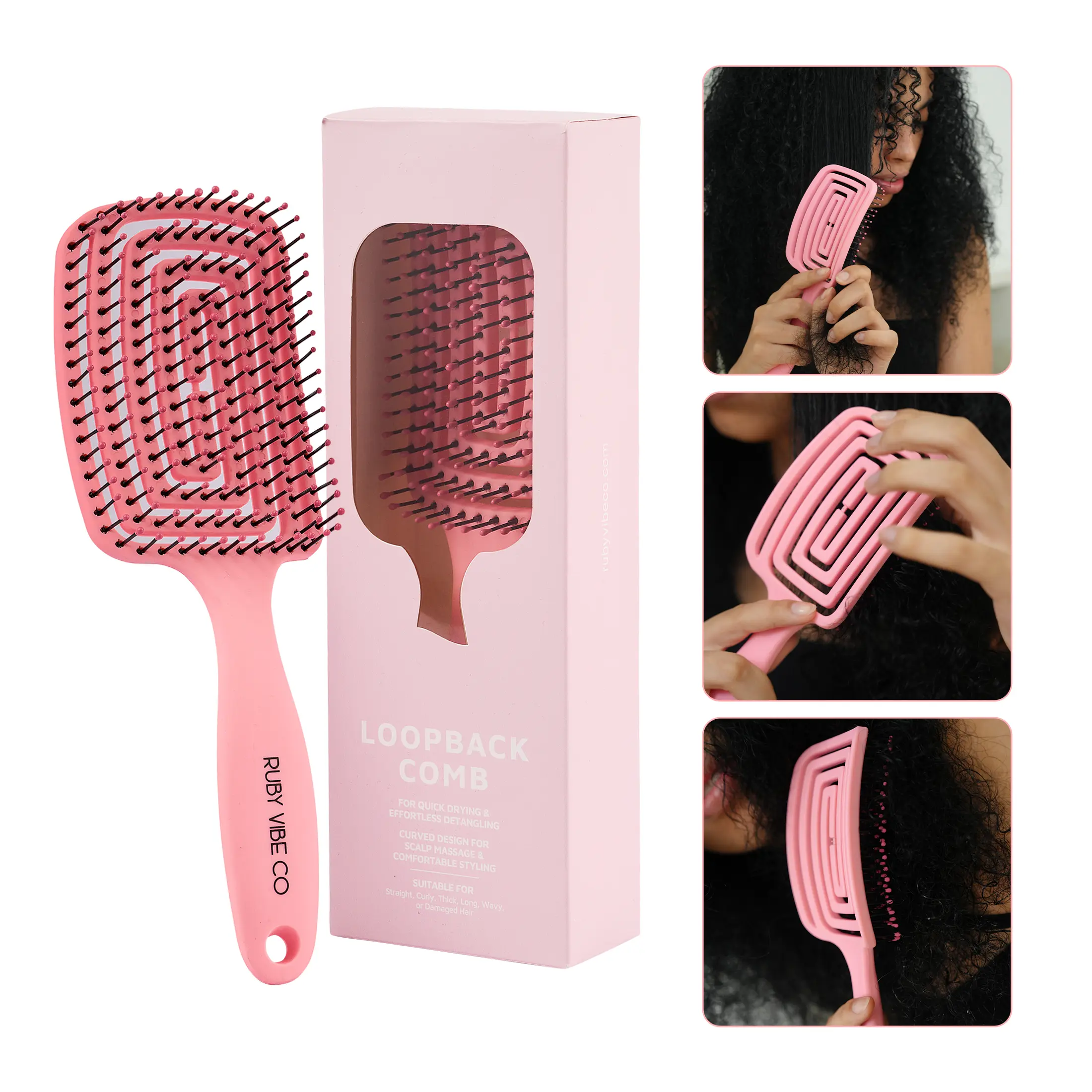 [RUBY VIBE CO] Loopback Comb, Vented Hair Brush for Quick Drying and Effortless Detangling, Curved Detangling Hair Comb for Wet Hair Curly Hair, Thick Hair with Ergonomic Handle for Pain-Free Styling