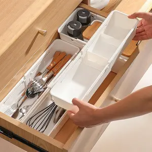 White Silverware Tray - Expandable Kitchen Drawer Organizer for Cooking Utensils and Cutlery, 2 PCS Plastic Drawer Organizer Tray for KItchen Office, Desk,Cosmetics and Bathrooms