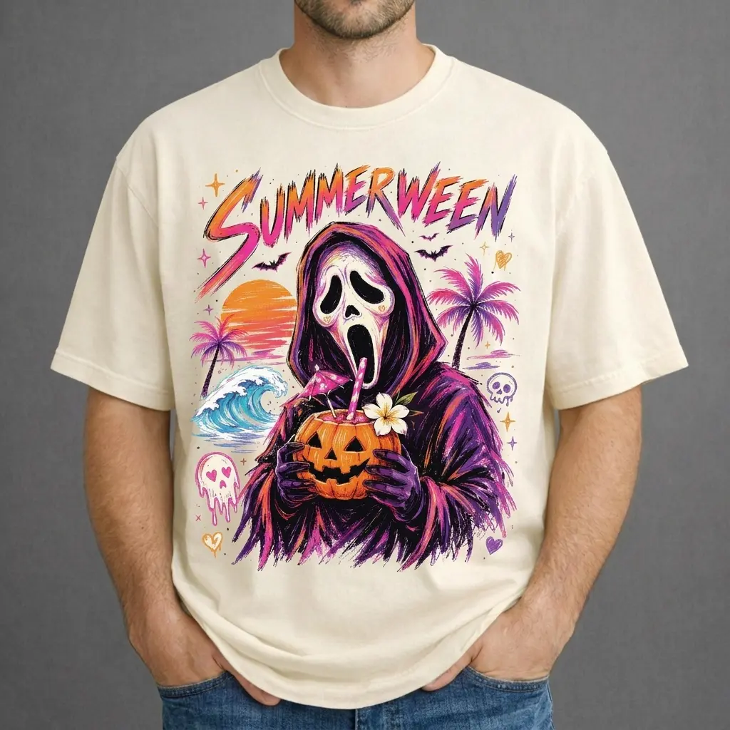 Summerween Ghostface Comfort Color Shirt, Spooky Beach Halloween Graphic Tee, Pumpkin Drink Shirt, Summer Halloween Outfit