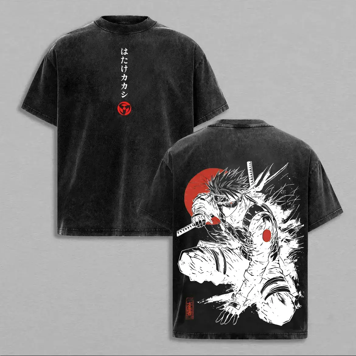 Kakashi Hatake T-Shirt S-4XL 5XL, Naruto Anime Vintage Washed Tee, Sharingan Ninja Graphic Shirt Retro Double-Sided Water Wash T-Shirt, Oversized Japanese Streetwear, Dark Aesthetic Manga Top, Unisex Casual Anime Fashion Perfect Summer Gift