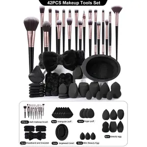 42PCS Makeup Tools Set with 20PCS Brushes Powder Highlight Nose Shadow Detail Outline Eyelash Foundation Facial Concealer Eye Shadow Eyelash Curling Sponges Puffs Cleaning Tools Cosmetic Cleansing