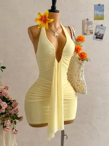 VRONA Womens Casual Vacation Sexy Deep V Neck Tie Halter Bow Tie Ruched Mini Dress