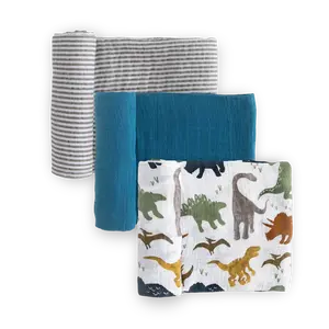 Cotton Muslin Swaddle Blanket 3 Pack - Dino Friends 2 Cotton Muslin Swaddle Blanket 3 Pack - Dino Friends 2