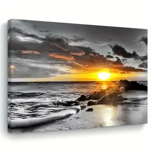 1 Piece Sunrise Beach Canvas Wall Art, Black and White Ocean Landscape Print, Wooden Frame Decoration Suitable for Living Room, Bedroom, Kitchen, Office, Bachelorette Party Gift