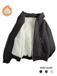 Women's Faux Shearling Zip-Up Hoodie, Womenswear, Casual Loose-Fit Long Sleeve Sweatshirt with Drawstring Pocket Design, Fall & Winter Fashion