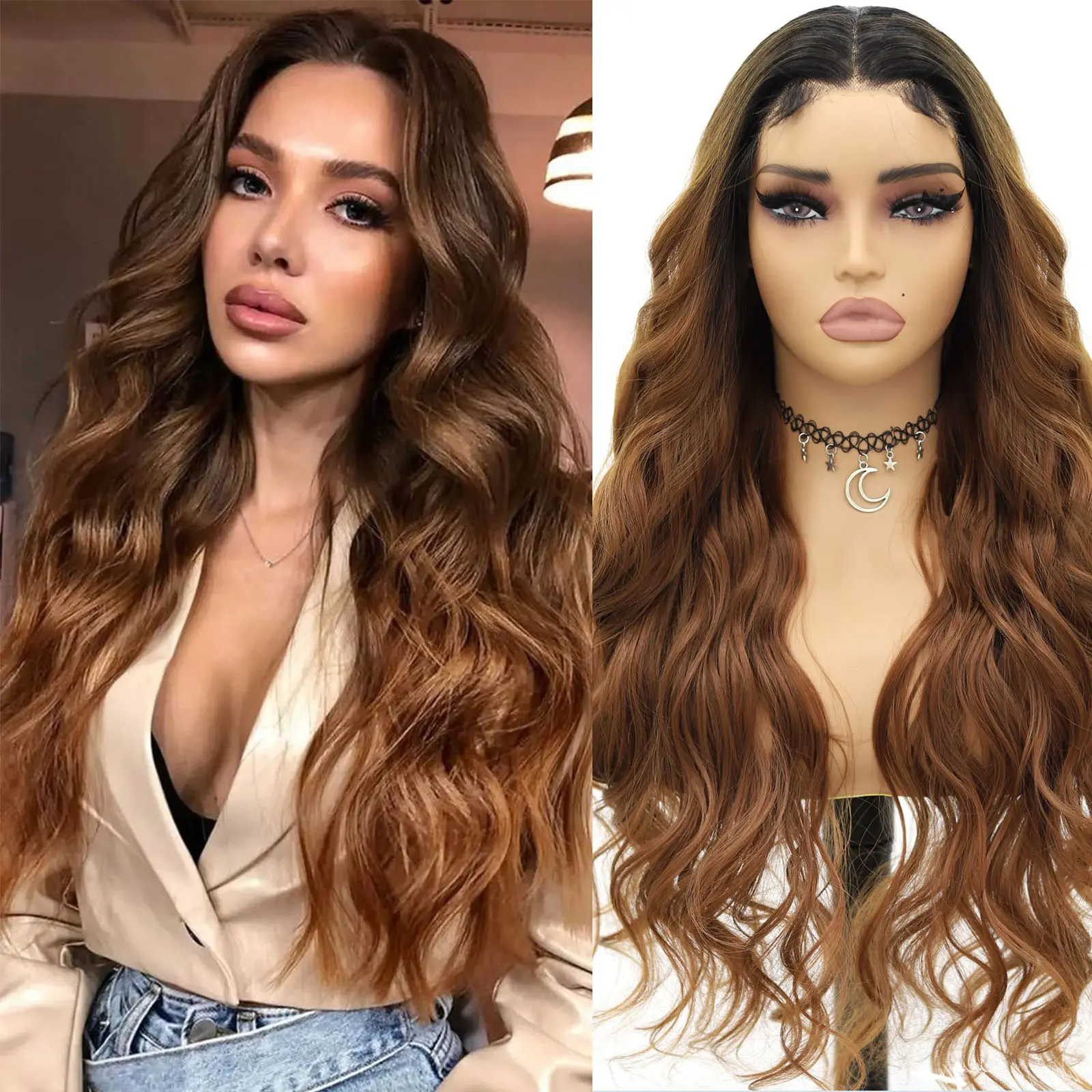 13x4 Long Brown Wavy Lace Front Wigs long wavy brown With Deep Roots Heat Resistant Fiber Hair Wigs For Women Cosplay Christmas Halloween Daily 26 Inch