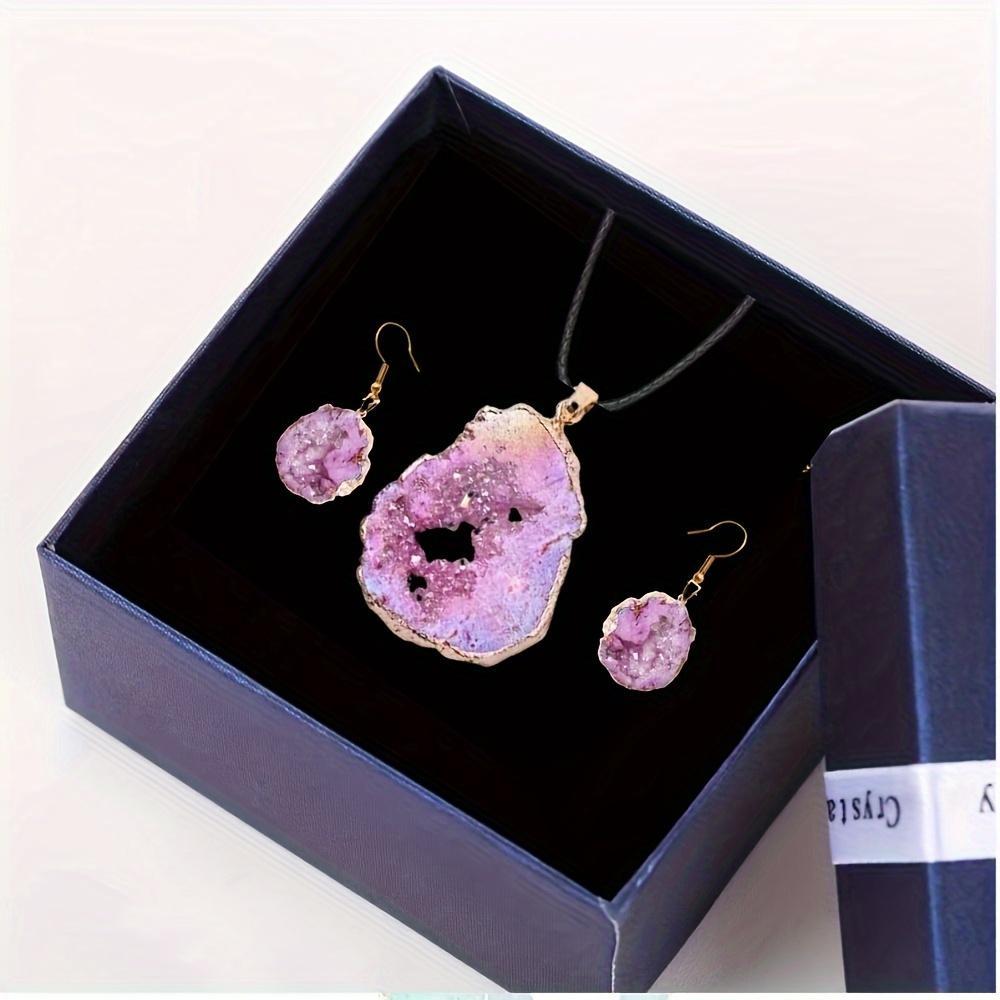 2Pcs Natural Agate Slice earring Necklace - Irregular Slice Natural Quartz Geode Pendant Necklace, Vintage Crystal Agate Geode Slice Necklace Charm Pink Blue,Bohemian Natural Stone Jewelry for Women, Mother's Day gift home decor