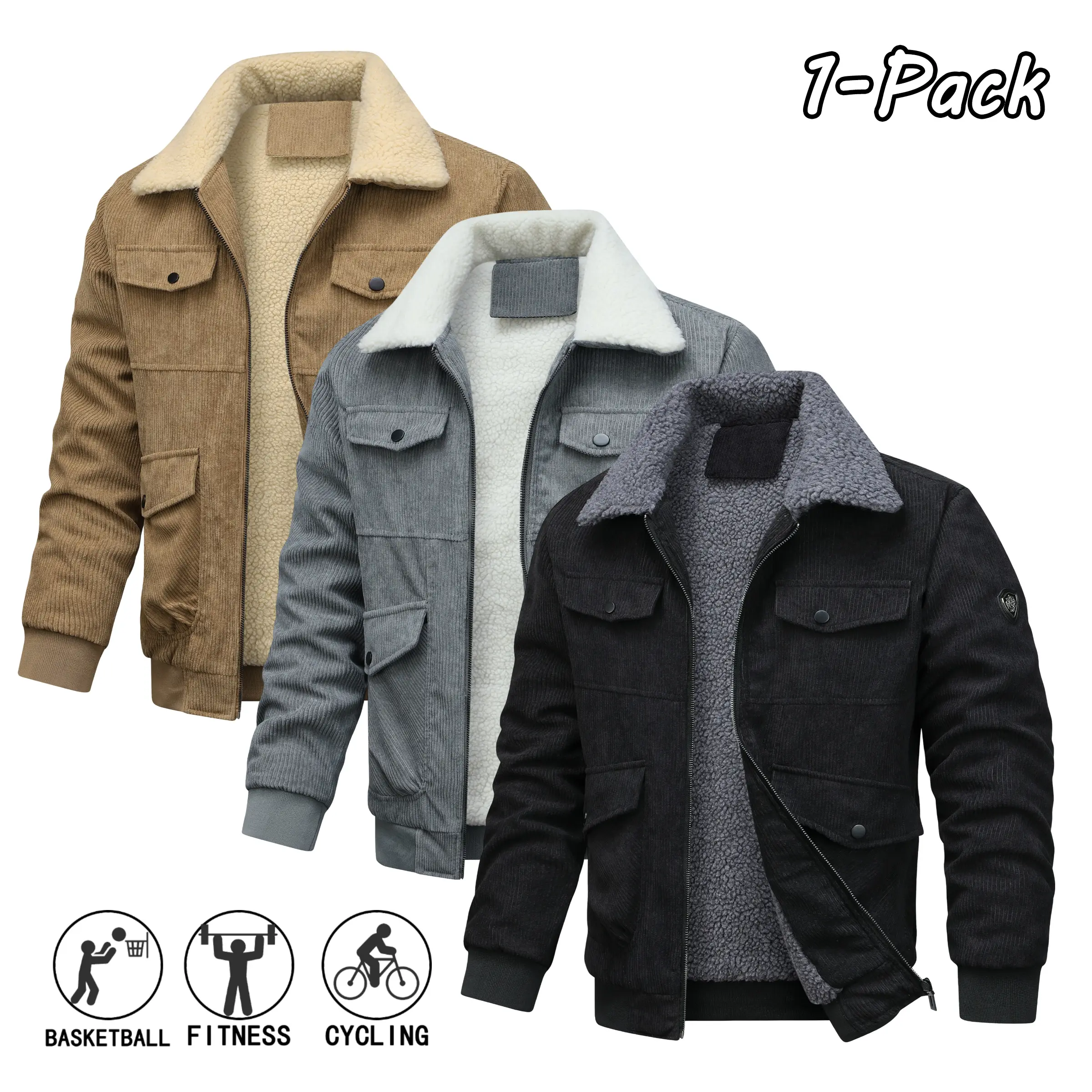Men's Autumn Winter Corduroy Fleece-Lined Jacket - Solid Color, Minimalist Design, Turn-Down Collar, Warm, Thick for Outdoor Sports, Everyday Wear