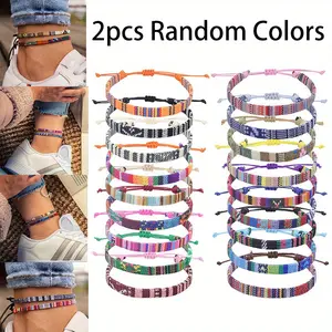 2Pcs Bohemian Random Colors Ankle Set Vintage Ethnic Handmade Braided Foot Chain Bracelet Adjustable Surf Beach Men's and Women's Colorful Hand and Foot Rope Stackable Retro Anklet Set Vacation Travel Bracelet Jewelry