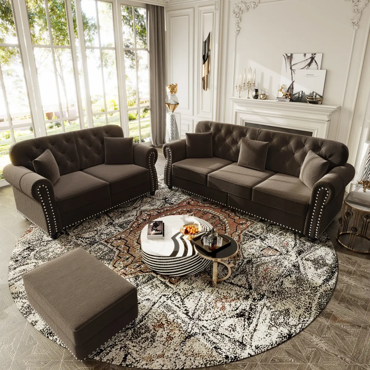 Aobtkel Mid-Century Modern Chesterfield Premium Plush Upholstered Velvet Sofa, with Nailhead Trim, Rolled Armrests, Button Tufting, Includes 1 Ottoman, Brown, Premium Sofa Sets, Plush Sofa Sets