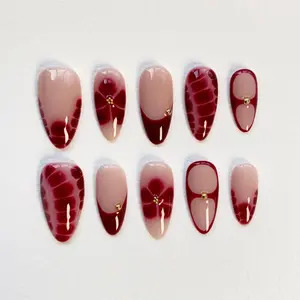Burgundy Flower Press on nails long almond nails/Blooming burgundy Nails/3D Flower Nails/Red Nails/Holiday Nails/crocodile pattern nails