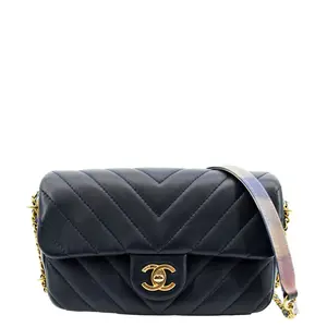 Pre-owned CHANEL Leather Crossbody Bags Mini Rectangular Flap Chevron Crossbody Bag Navy Blue