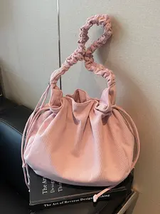 new fashion korean style corduroy pleated strap drawstring casual tote bag Hobo Shoulder Bag minimalist solid color shoulder bag for commuting school shopping vacation crossbody shoulder bags for women