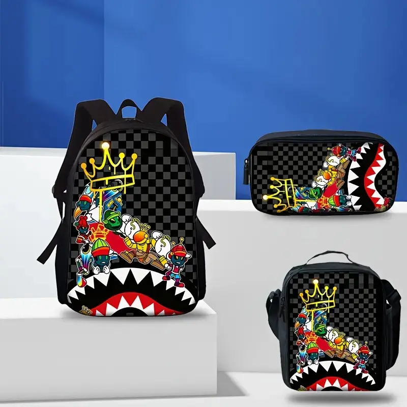 Graffiti King 3-Piece Backpack Set - Checkerboard Shark Print Oxford Cloth Daypack with Adjustable Straps, Lunch Bag, Pencil Case for Streetwear Fans