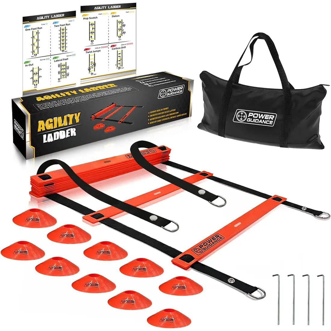 POWER GUIDANCE Heavy Duty Connectable Agility Ladder - 20 ft Long Length Workout Equipment with Adjustable Plastic Rungs & 10 Cones for Multi-Sport Speed Training, Home Workout, Functional, Speed Drills, Nylon Straps, Carrying Bag