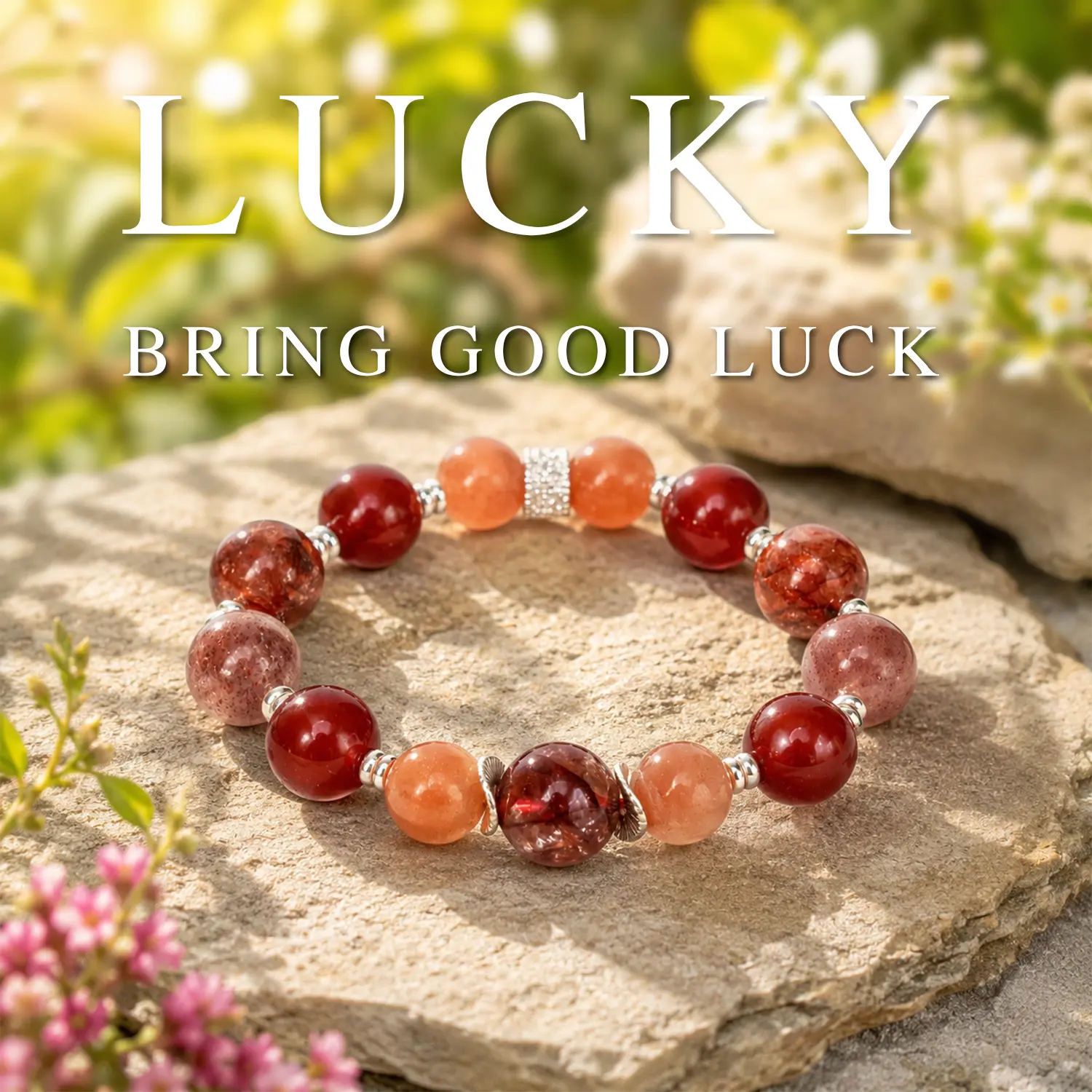 LUMAWU Fire Energy Healing Bracelet - Stackable Beaded Crystal Bracelet with Red Agate, Sunstone for Confidence, Attraction, Stackable Beaded Bracelet