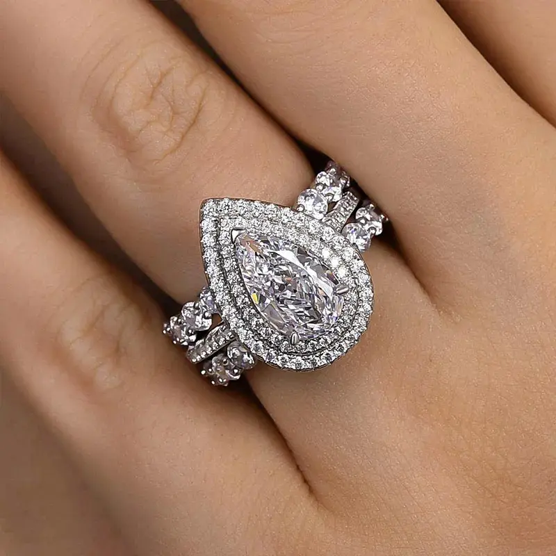 MAXINEJEWELRY 3.0ct Pear Cut Double Halo 3PC CZ Engagement Ring - 5A Cubic Zirconia Stackable Women's Wedding Ring for Proposal, Anniversary, Wedding Rings, Engagement Rings