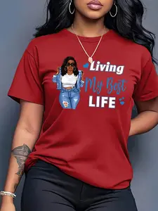 "Living My Best Life" Black Queen Illustration Women's Casual Short Sleeve Crew Neck Cotton T-Shirt – Empowerment Graphic Print, Mustard Yellow, Machine Washable Spring & Summer Top, Soft Skin-Friendly Fabric, Daily Versatile, Everyday