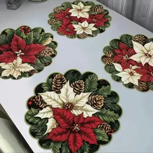 4pcs Winter Poinsettia & Pine Cones a Pattern Round Waves Placemats, Non-Slip Fabric Table Mats, Kitchen Decorative Placemat, Heat Resistant, Dry Clean Only, Winter Decor