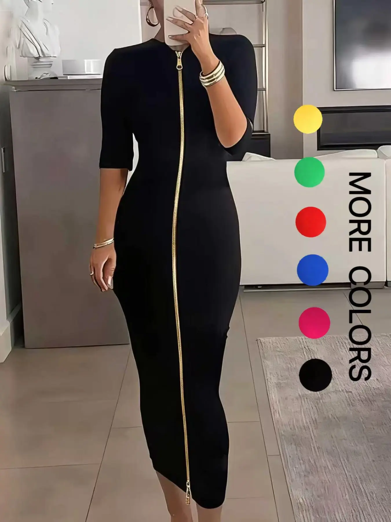 Elegant Women's Lady Solid Color Half-Sleeve Dress, Zipper Long Skirt for Spring Summer Fall, Evening Party Dress, Slim Fit, Formal Wear, Summer Evening Gown, Cocktail Party Dress, Womenswear
