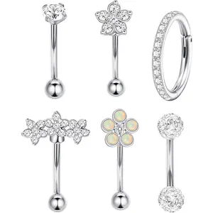 Sanfenly 6-Piece Round Flower CZ Curved Barbell Set, Casual Wear Fashion Body Jewelry for Women’s Rook, Daith Piercings