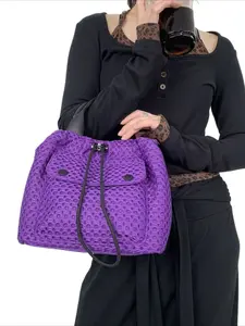 Ladies' fashionable mesh lightweight multi zipper shoulder bag, drawstring design, front pocket for daily use, portable wide shoulder strap, multifunctional crossbody handbag, purple