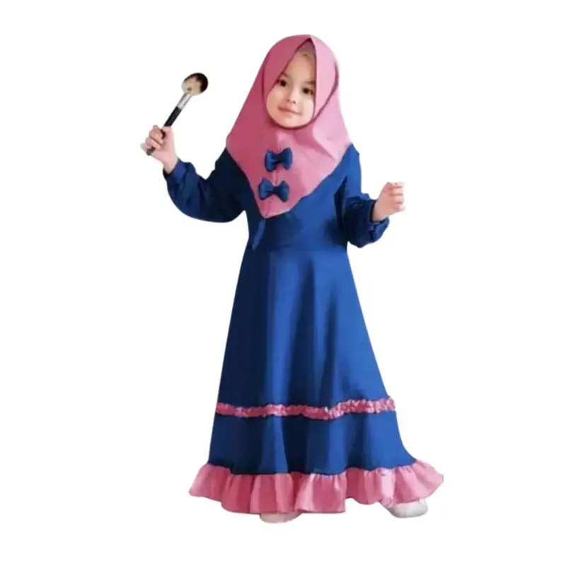 Baby Girl Muslim Modest Dress, Long-Sleeved Solid Color Dress + Bow Headscarf Set, Spring and Autumn Children's Clothing, Fashionable Style
