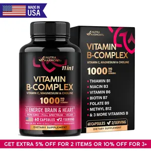 Vitamin B Complex Capsules for Men & Women - 11-in-1 B-Complex: B1, B2, B3, B5, B6, B7, B8, B9, B12 with Vitamin C, Choline, Inositol - Made in USA - Vegan, Non-GMO