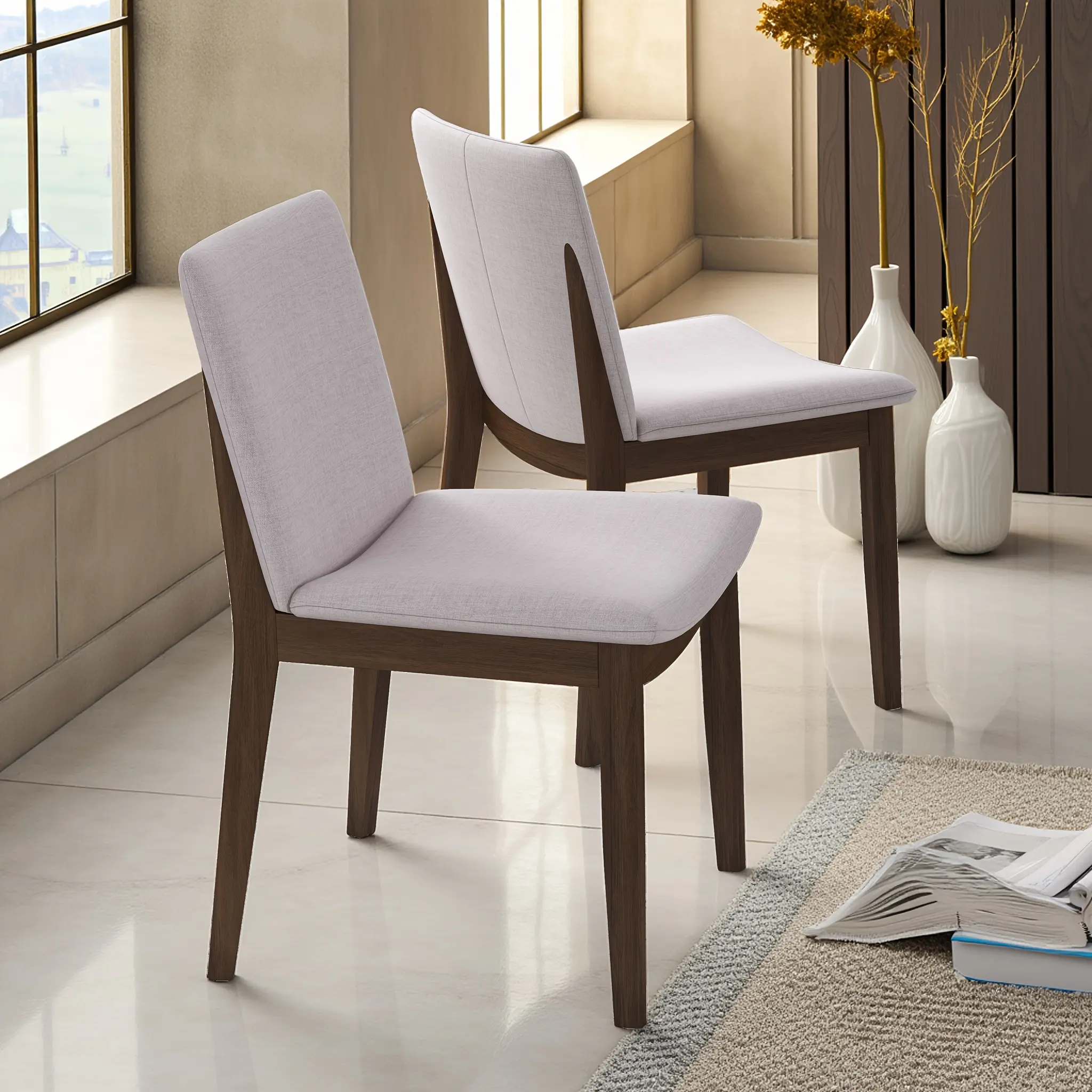 Modern Laura medieval modern solid wood dining chair set, with soft padded fabric, retro and comfortable dual line, suitable for both dining and living rooms