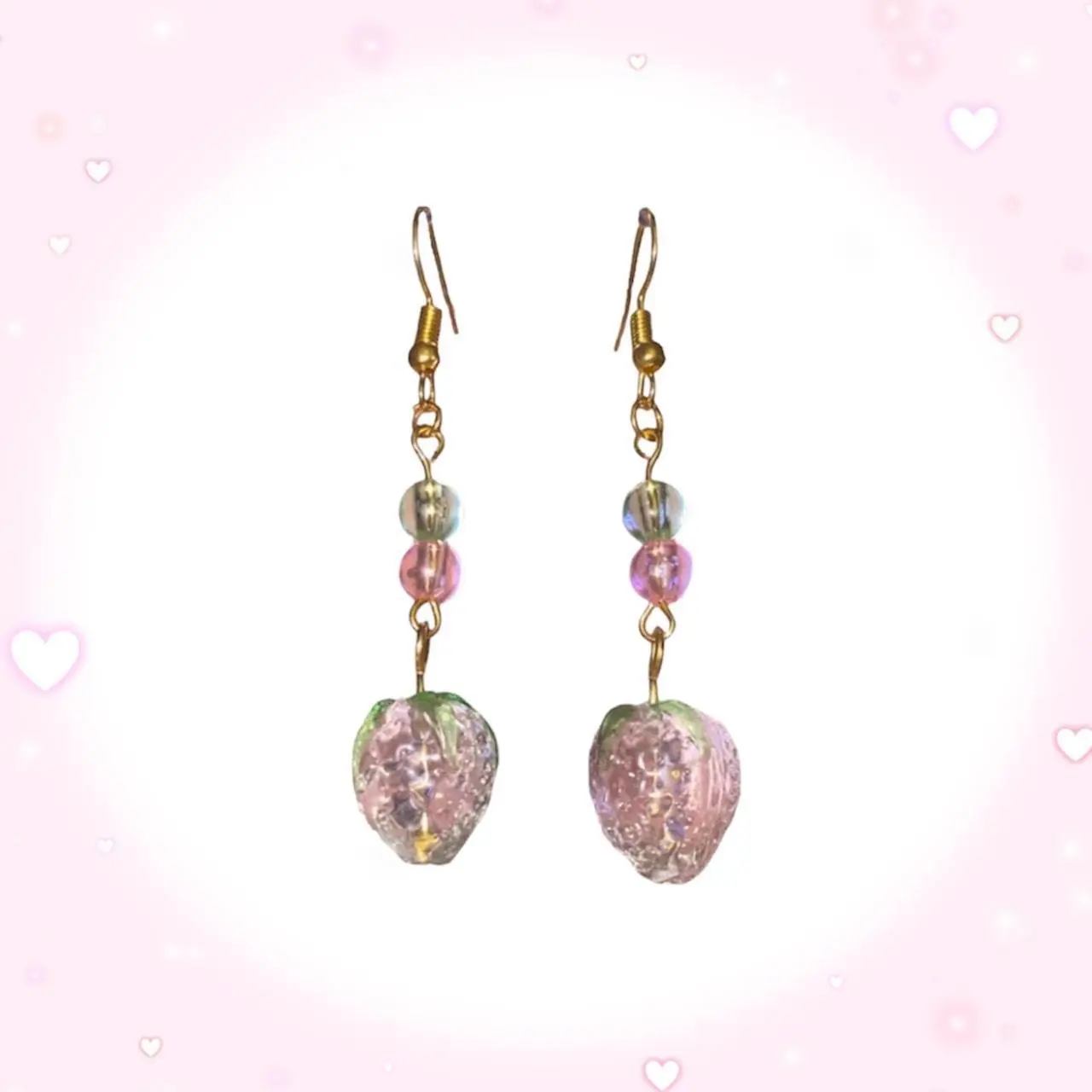 Handmade Strawberry Earrings! Green & pink beading!