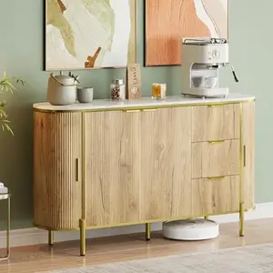 Sideboard Buffet Cabinet with Storage, 60" Modern Fluted Credenza Storage Cabinet with Faux Marble Top, 2 Curved Profile Sliding Doors & 3 Drawers, Coffee Bar Accent Table for Livingroom- Natural Oak