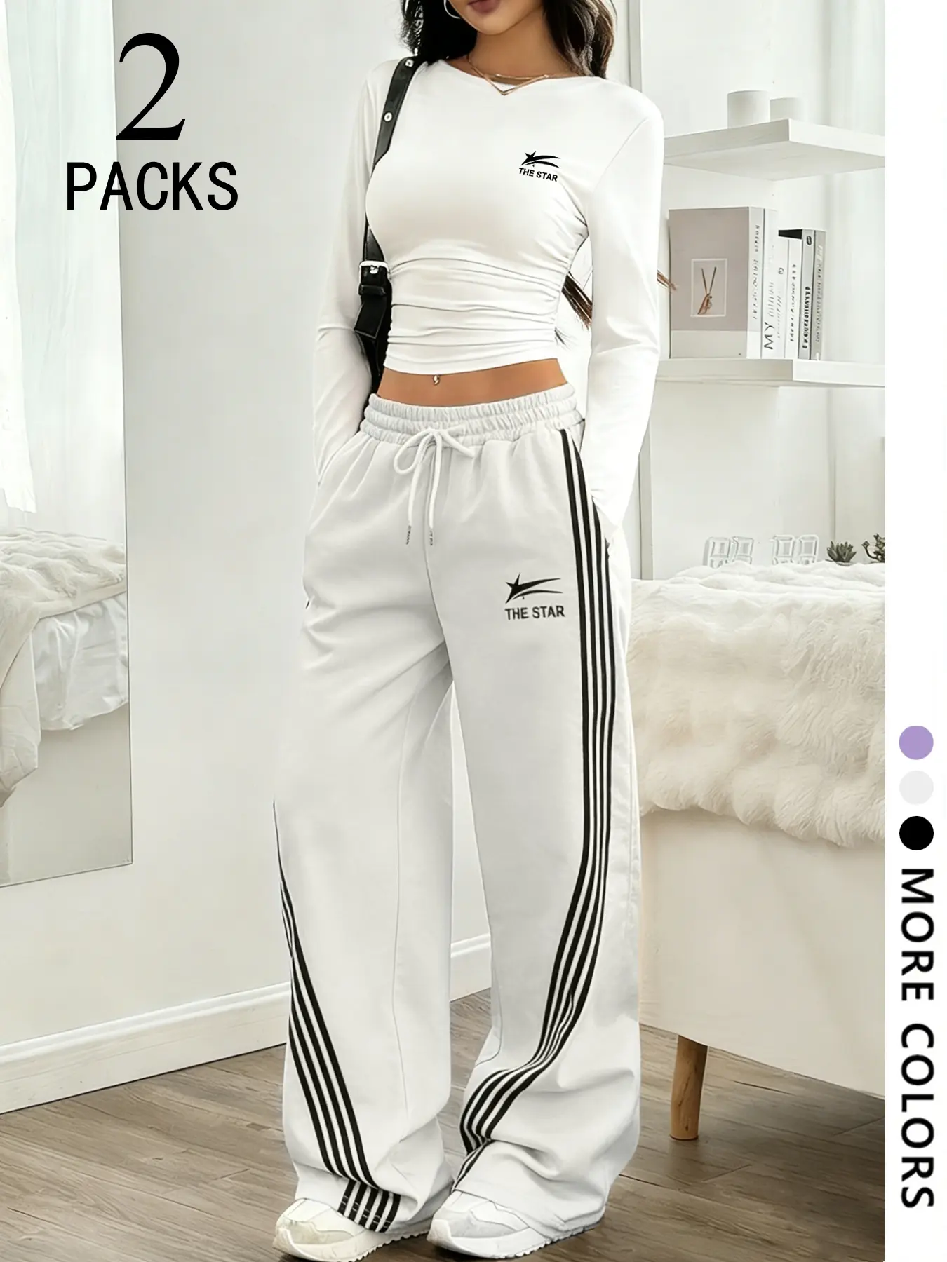 Y2K Star Striped Wide Leg Sport Pants Set (2 Pieces), Adjustable Drawstring Waist, High-Low Design, All-Season Wear, Tracksuit Sets, Athletic Clothes Set, Athleisure Activewear Set, Athleisure Sportswear Set