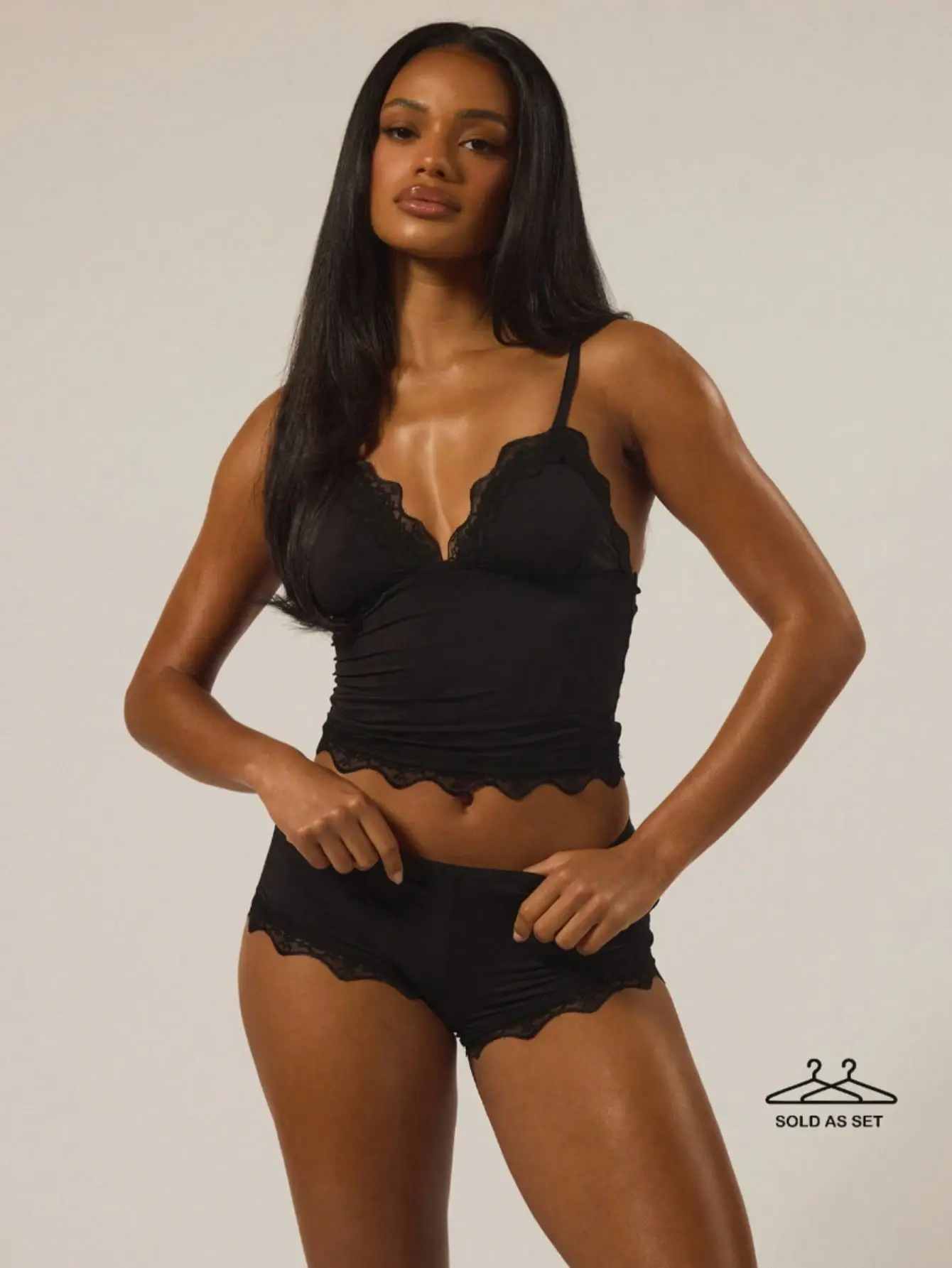 LALUZ Triangle Bust Lace Trim Adjustable Strap Cami Top And Fitted Boxer Boyshort Multipack Set Lingerie Evening Everyday Underwear Sexy Summer